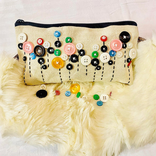 Handmade Cotton Pouch with Intricate Embroidery and Stylish Button Stitched on it - Multipurpose and Trendy Accessory